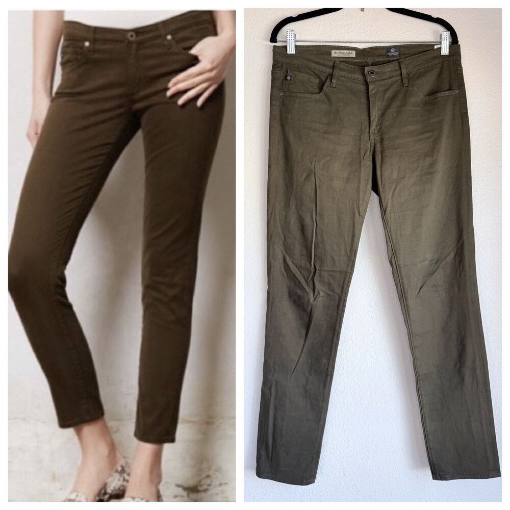 AG Adriano Goldschmied The Stevie Ankle Pants Moss Green Sateen Slim Size 29